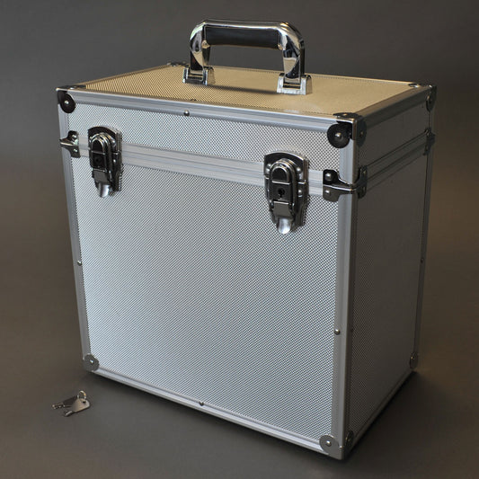 FLIGHT CASE ALUMINIUMKOFFER SILBER FÜR 50 LP-SCHEIBEN 33 UMDREHUNGEN VINYL 12 ZOLL