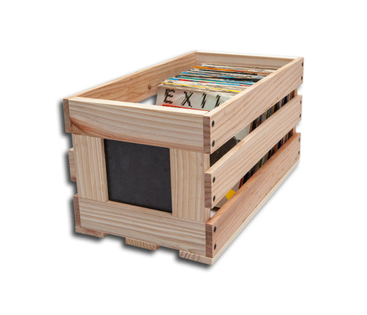 HOLZKORB MIT TAFEL FÜR SCHEIBEN 45 RPM 7 ZOLL VINYL (NATURHOLZ)