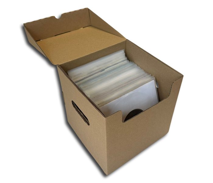 CAJA CONTENEDORA CON TAPA FIJA PARA 100 DISCOS DE VINILO DE 45 RPM 7"