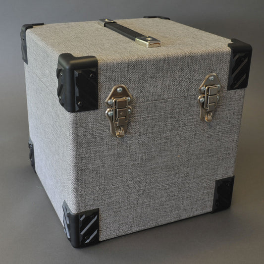 COFFRE EN BOIS RECOUVERT DE TISSU GRIS POUR 100 DISQUES VINYLE LP 33 RPM 12 POUCES
