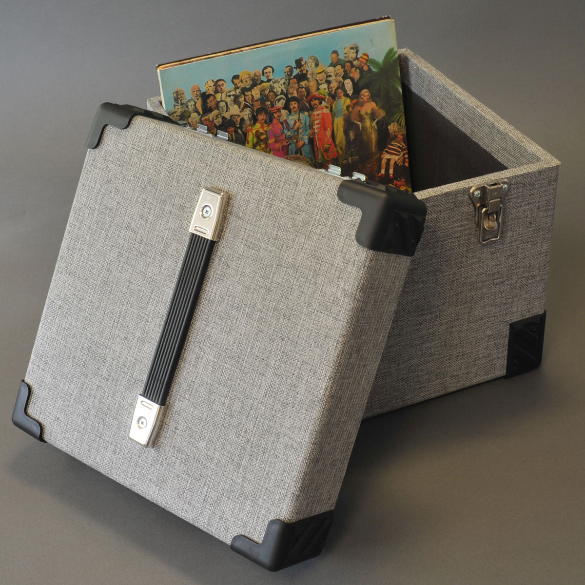 COFFRE EN BOIS RECOUVERT DE TISSU GRIS POUR 100 DISQUES VINYLE LP 33 RPM 12 POUCES